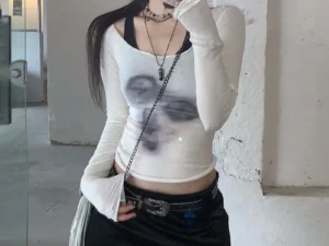 Karrcat Grunge Aesthetics Mesh Top Korean Fashion See Through Crop Top Fairycore Harajuku Sheer Top Chic Designer Clothes Y2k